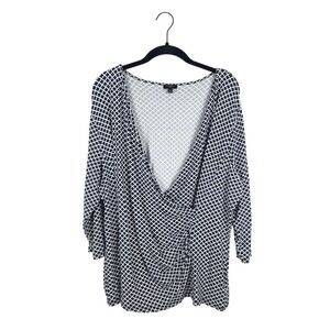 Talbots Woman 2X Navy White Geometric Faux Wrap Top 3/4 Sleeve Business Casual